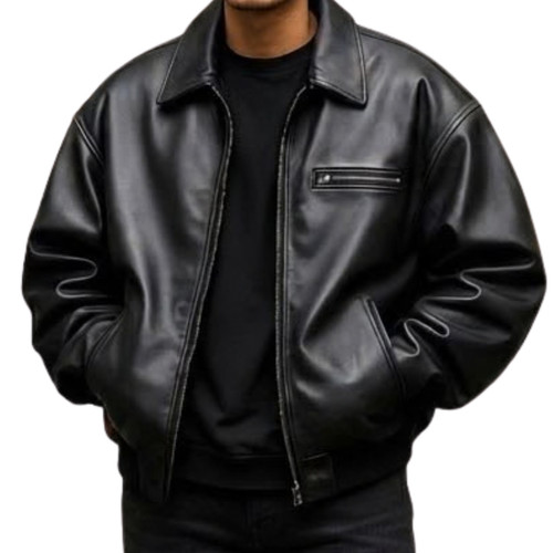 Men black leather bomber - black,